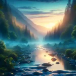 Calm river trickles through mountain valley