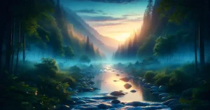 Calm river trickles through mountain valley
